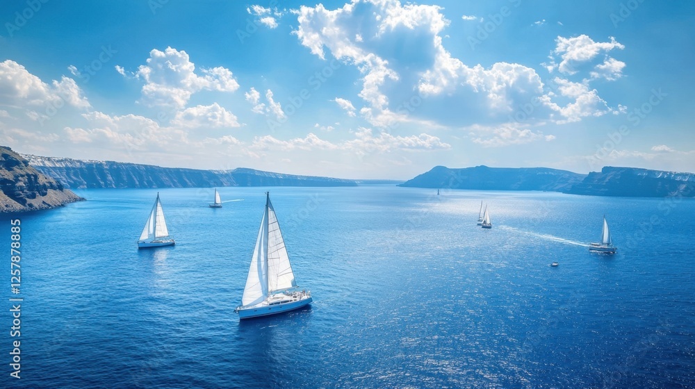 Obraz premium A stunning seascape of Santorini, featuring sailboats floating on the deep blue Aegean Sea with white cliffs in the distance