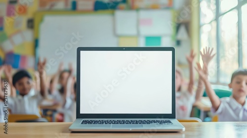 Wallpaper Mural Laptop computer white blank empty mockup screen on teachers table with elementary junior children students raising hands in classroom background. Education software website technology ads concept. Torontodigital.ca
