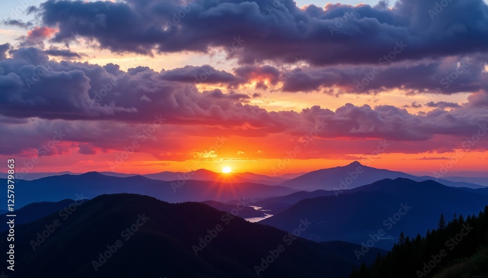Obraz premium Breathtaking sunset with golden rays and dramatic clouds over mountain range for Easter inspiration 