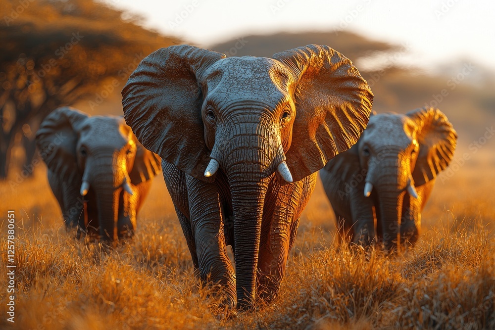 Fototapeta premium African Elephants Walking Through Golden Grassland at Sunset