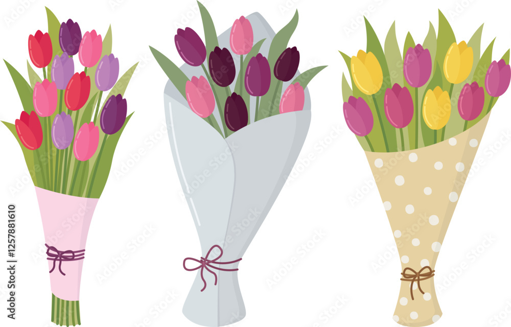 Set of bouquet with colorful tulips. Cute illustration jf spring flowers isolated on white background Set of bouquet with colorful tulips. Cute illustration jf spring flowers isolated on white background