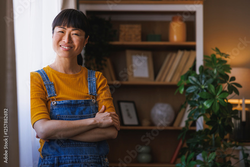 Mature Asian woman relaxing at home photo