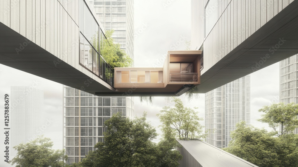Fototapeta premium Conceptual architecture featuring a house suspended between two skyscrapers