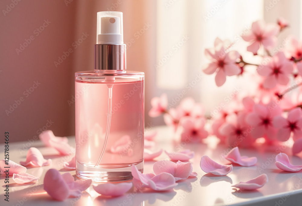 Luxurious face mist in translucent glass bottle surrounded by soft pink cherry blossom petals on an illuminated vanity table, dreamy elegance concept. Mock up or template care concept Luxurious face mist in translucent glass bottle surrounded by soft pink cherry blossom petals on an illuminated vanity table, dreamy elegance concept. Mock up or template care concept