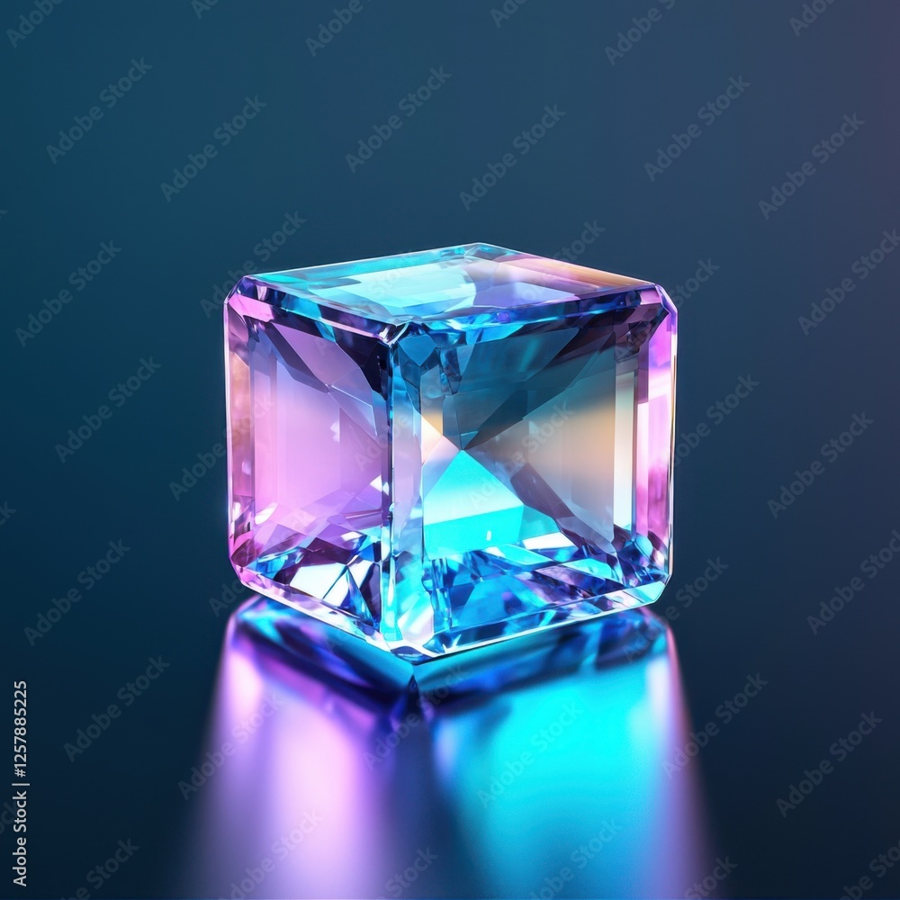 A 3D rendering of a solid square fluorite gemstone, radiant blue and purple color shifts, smooth uncut crystal, glowing under vibrant neon blue light A 3D rendering of a solid square fluorite gemstone, radiant blue and purple color shifts, smooth uncut crystal, glowing under vibrant neon blue light