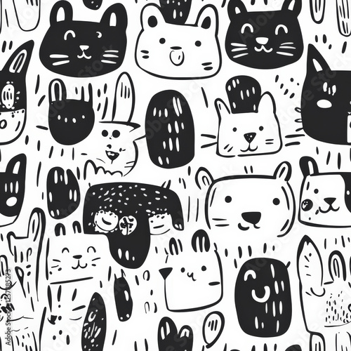 A seamless doodle pattern of tiny, smiling animal faces drawn in a childlike style, featuring cats, dogs, bears, and rabbits with exaggerated features and imperfect sketchy lines, creating a friendly photo