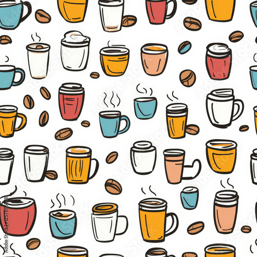 Wallpaper Mural A quirky doodle pattern of different coffee cups, beans, and steaming mugs Torontodigital.ca