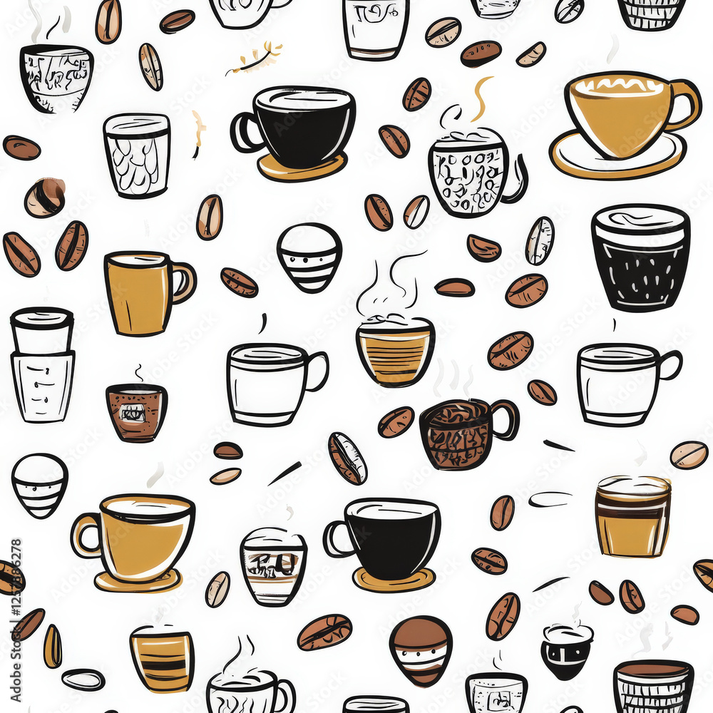 A quirky doodle pattern of different coffee cups, beans, and steaming mugs A quirky doodle pattern of different coffee cups, beans, and steaming mugs