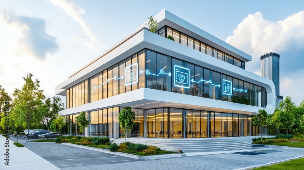 A smart corporate building where every connected IoT device displays a secure status under AI monitoring, symbolizing fully automated enterprise security A smart corporate building where every connected IoT device displays a secure status under AI monitoring, symbolizing fully automated enterprise security