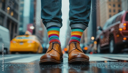 Colorful Socks and Cityscape: A Vibrant Street Style photo