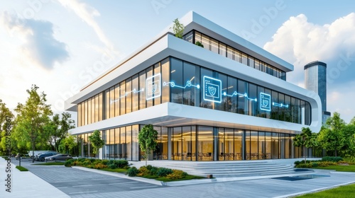 A smart corporate building where every connected IoT device displays a secure status under AI monitoring, symbolizing fully automated enterprise security