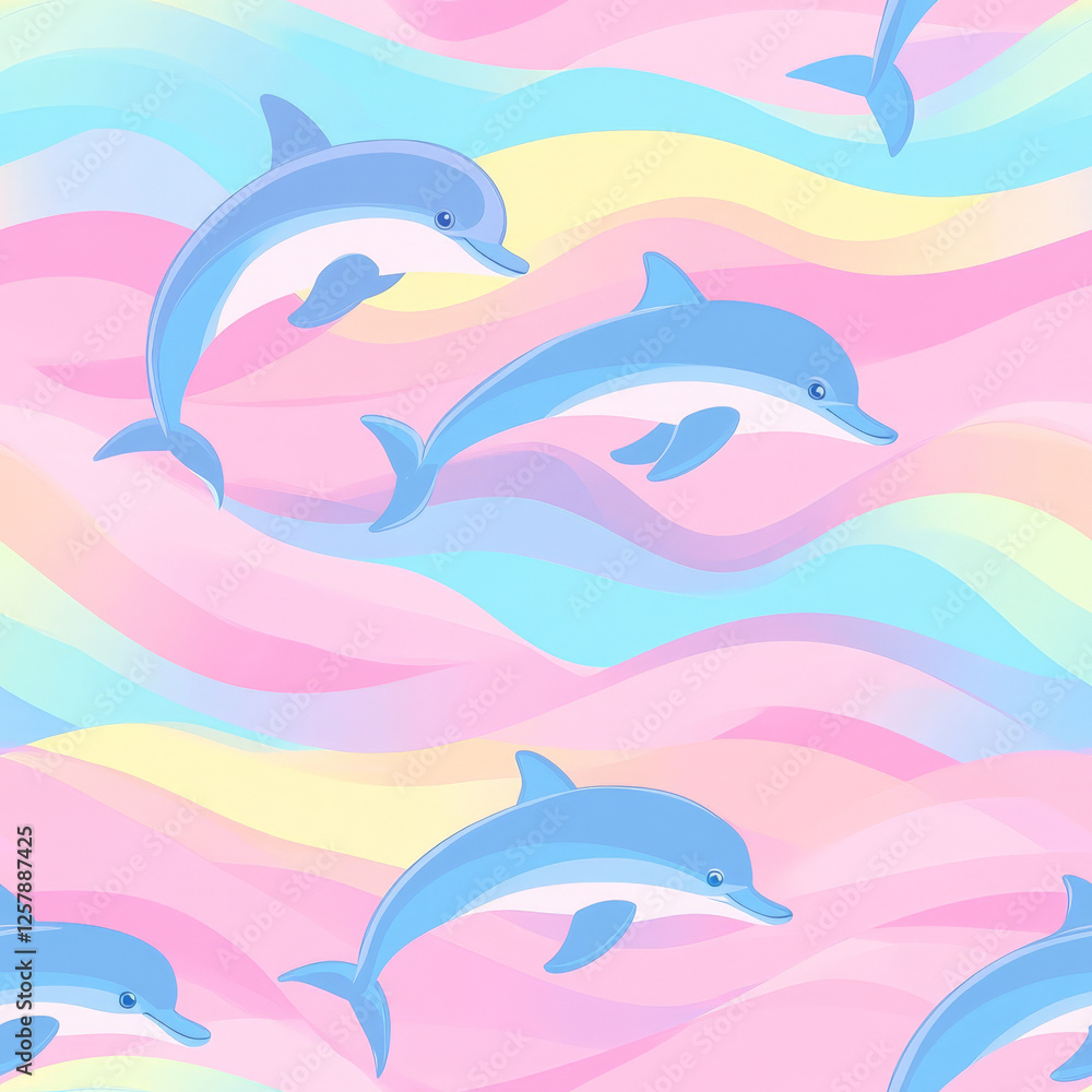 A cute dolphin pattern with dolphins jumping through rainbow-colored waves, soft pastel gradients. A cute dolphin pattern with dolphins jumping through rainbow-colored waves, soft pastel gradients.