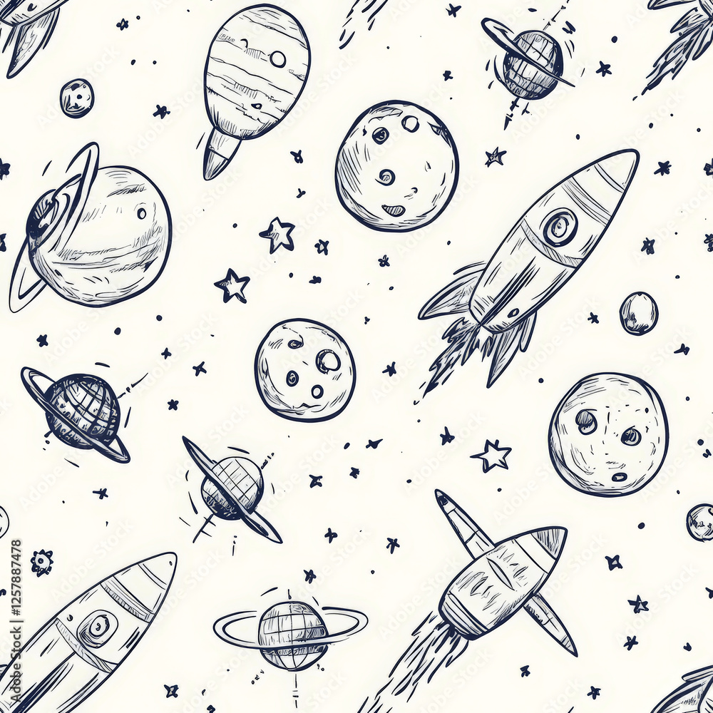 A hand-drawn doodle pattern of rockets blasting off, comets streaking across the sky, and tiny satellites orbiting planets. A hand-drawn doodle pattern of rockets blasting off, comets streaking across the sky, and tiny satellites orbiting planets.