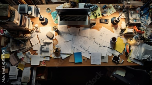 papers aerial desk view