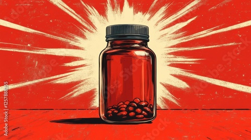 Red pills bottle, energy burst background, health supplement photo