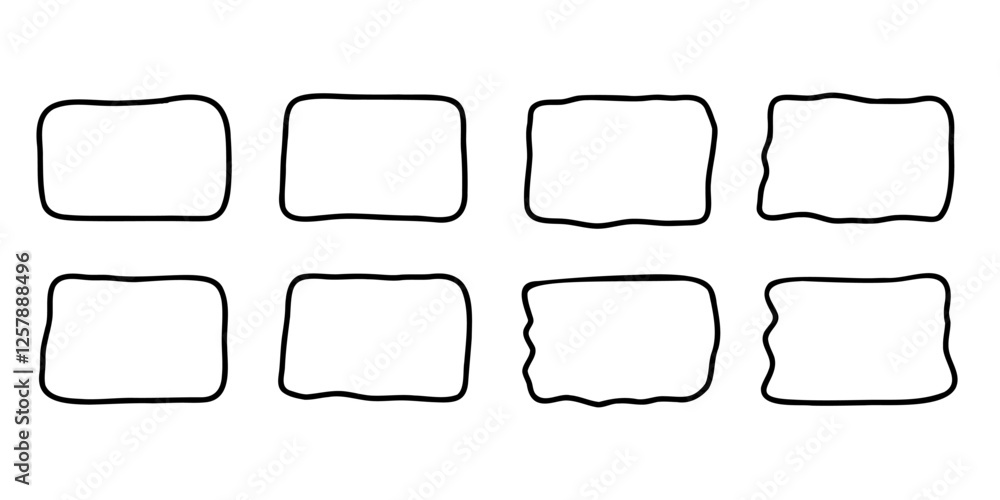 Obraz premium Rectangle frame set. Hand drawn doodle wavy curve deformed textured frames. Border sketch. Vector illustration isolated on a white background.