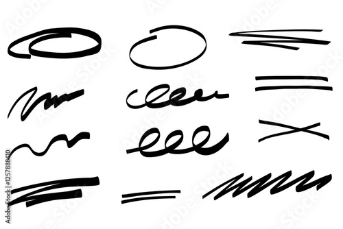 Hand drawn marker line underline stroke set. Highlight underline and strike through. Pen line template. Vector illustration isolated on white background.