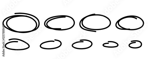 Highlight oval marker frames line set. Hand drawn scribble circle sketch set. Doodle ovals and ellipses line template. Vector illustration oval isolated on white background.