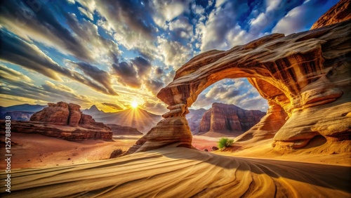 Wadi Rum Double Exposure: Giant Rock Arch Photography, Jordan Desert Landscape, Tourist Attraction photo