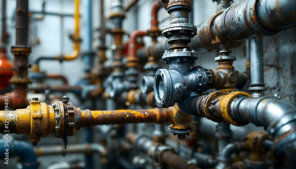 Industrial Pipeline System Concept of Steel Pipes Valves and Machinery in a Factory Setting Intricate Network of Industrial Pipes and Valves Industrial Pipeline System Concept of Steel Pipes Valves and Machinery in a Factory Setting Intricate Network of Industrial Pipes and Valves