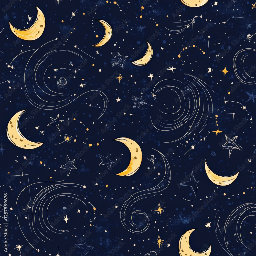 Naklejka premium A fun starry night pattern with sketchy crescent moons, constellations, and swirls
