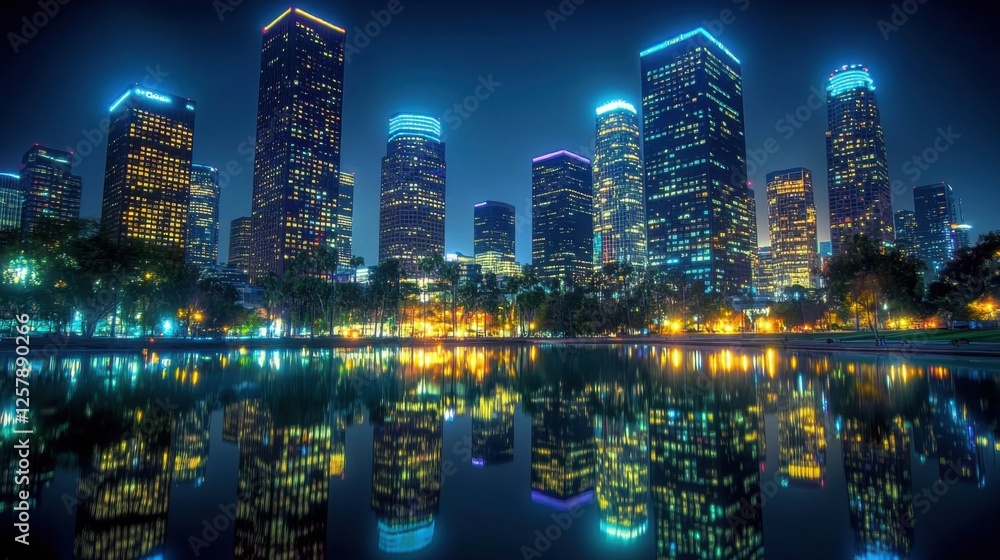 Naklejka premium Glowing skyscrapers at midnight in LA, with vibrant reflections on the streets below