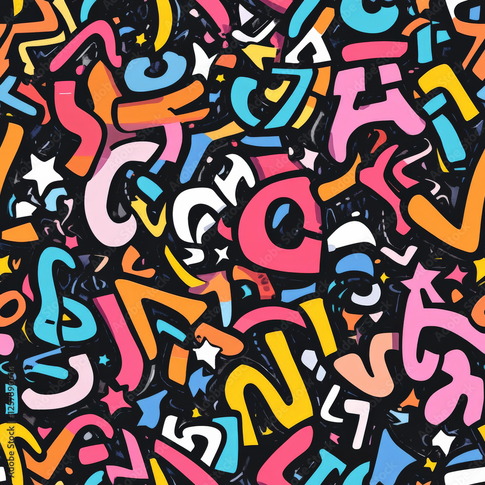 A graffiti-style doodle pattern featuring exaggerated, hand-drawn letters in bold, cartoonish fonts, mixed with tiny stars and swirls. A graffiti-style doodle pattern featuring exaggerated, hand-drawn letters in bold, cartoonish fonts, mixed with tiny stars and swirls.