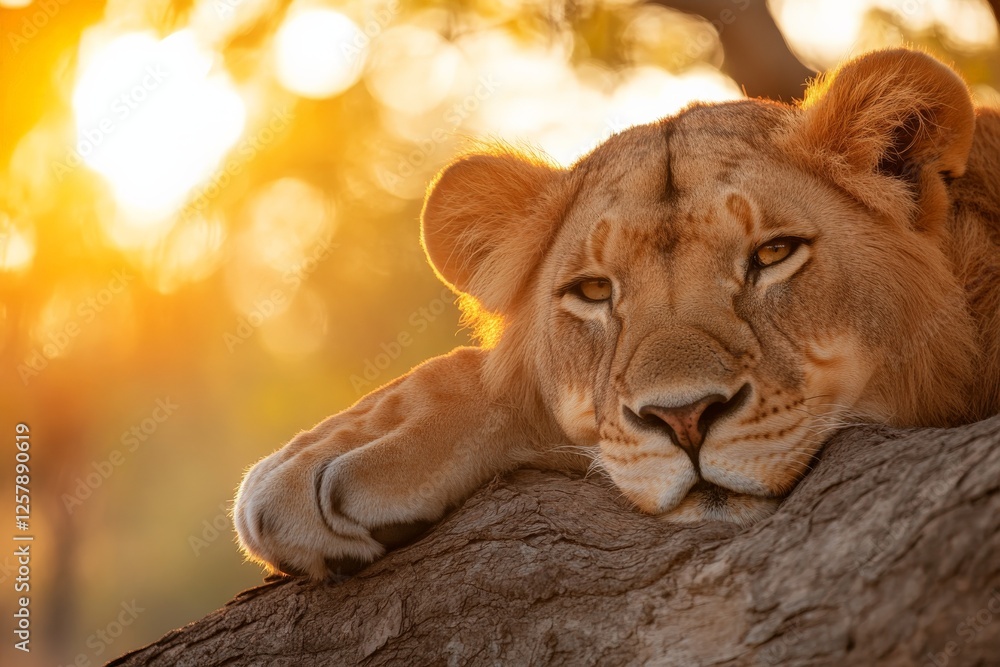 Obraz premium Lioness resting on tree branch during golden hour in the African savanna