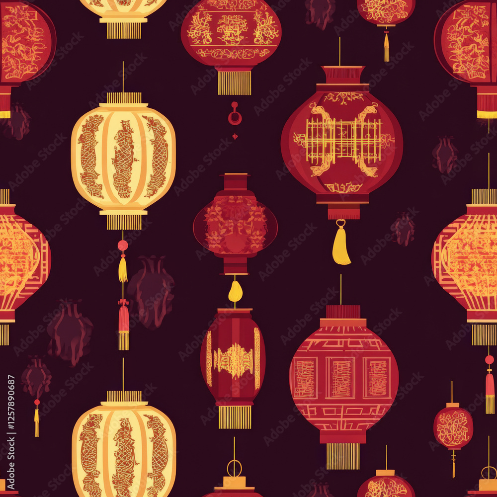 A seamless Chinese paper lantern pattern with various shapes and intricate designs A seamless Chinese paper lantern pattern with various shapes and intricate designs
