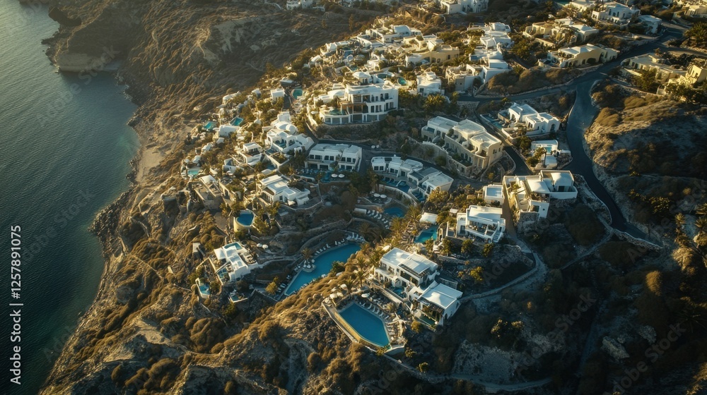 High-angle view of Santorini's coastline, featuring a mix of modern luxury resorts and traditional white houses perched on steep cliffs High-angle view of Santorini's coastline, featuring a mix of modern luxury resorts and traditional white houses perched on steep cliffs