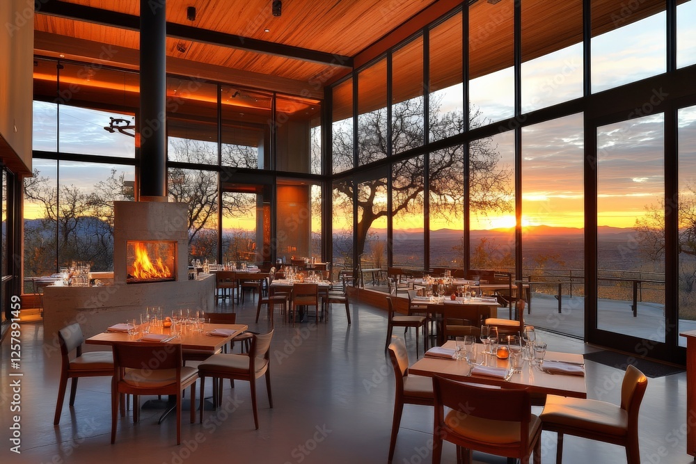 Elegant dining area with stunning sunset view over the valley at a modern restaurant Elegant dining area with stunning sunset view over the valley at a modern restaurant