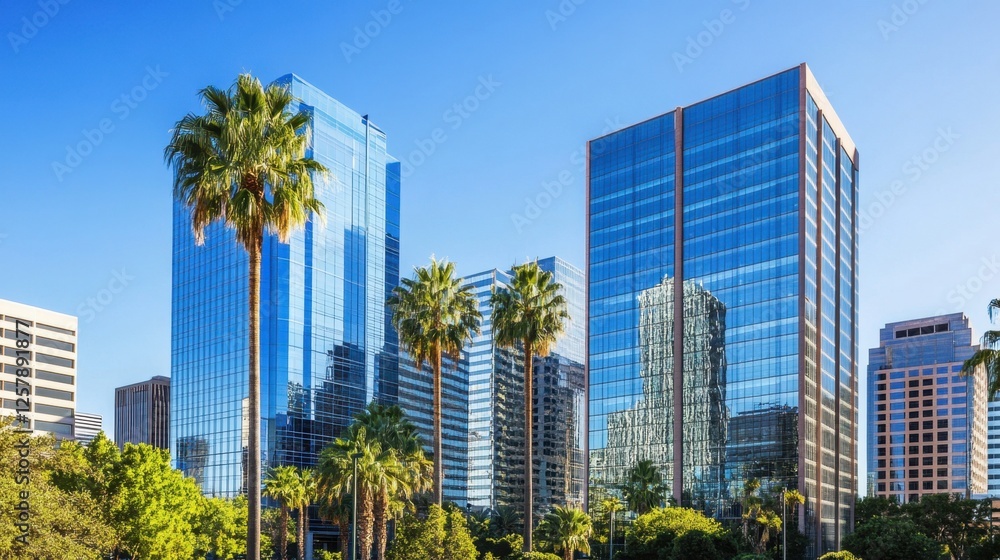 High-rise office buildings with glass reflections, capturing the essence of California's business district High-rise office buildings with glass reflections, capturing the essence of California's business district