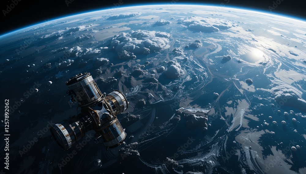 Fototapeta premium High-Resolution Image of a Satellite Orbiting Earth, Showing Detailed Planet Surface and Technological Marvel