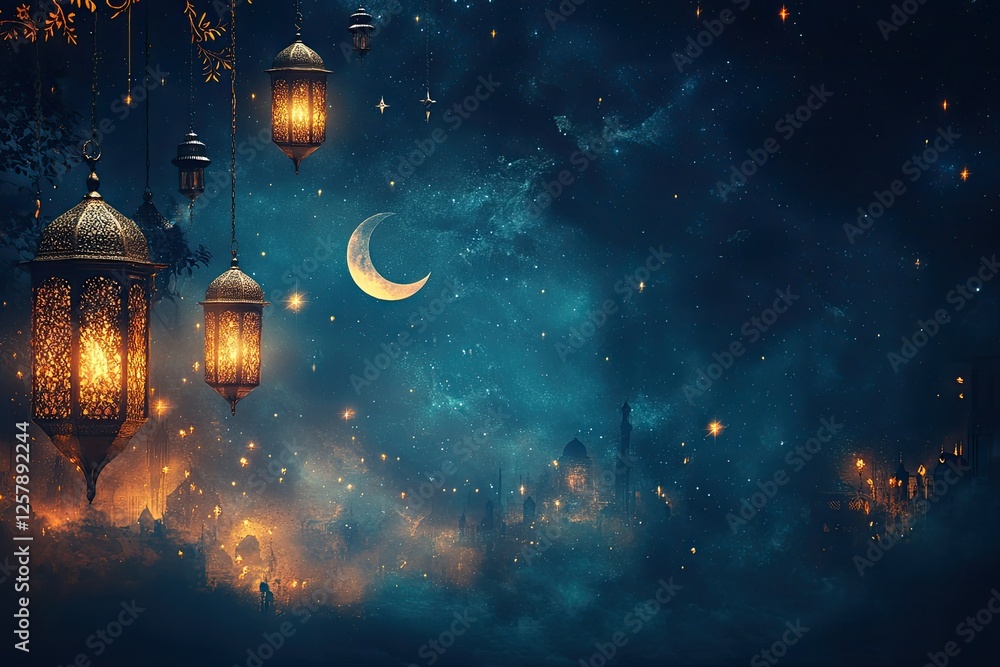 Fototapeta premium The beauty of Ramadan illuminates the night with crescent moons, stars, and lanterns, creating a peaceful, serene ambiance