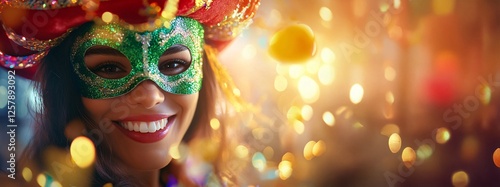 Festive Carnival Mask with Bokeh Lights and Sparkling Green Glitter photo