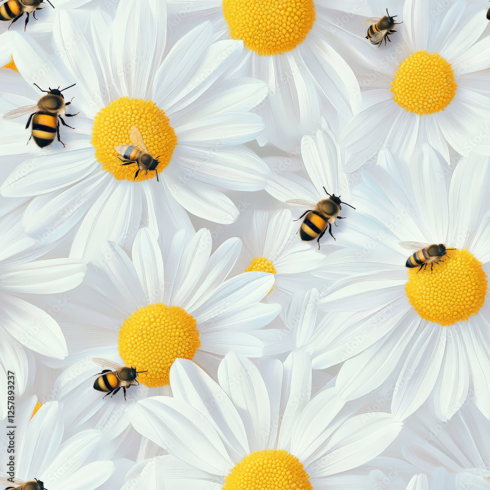 Obraz premium A dreamy daisy pattern with bees buzzing among bright white petals.