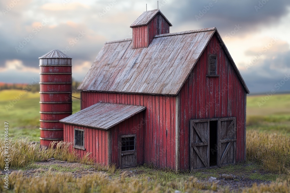 Barn With Silo. Rural Farm Landscape of Old Red Barn Against Blue Sky Barn With Silo. Rural Farm Landscape of Old Red Barn Against Blue Sky