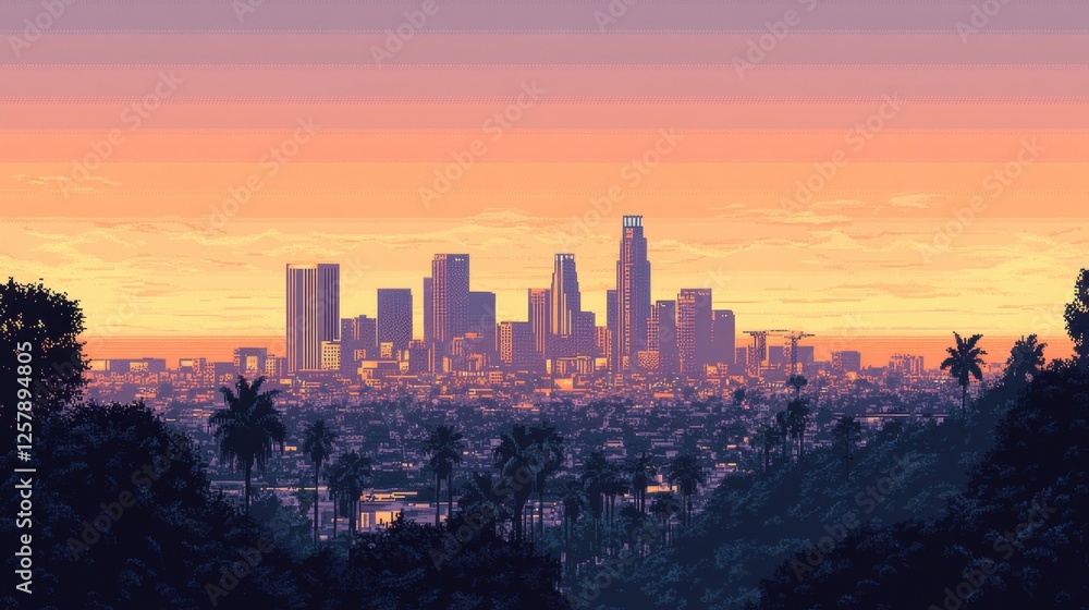 Fototapeta premium Los Angeles skyline converted into a pixel art cityscape, retro gaming aesthetic