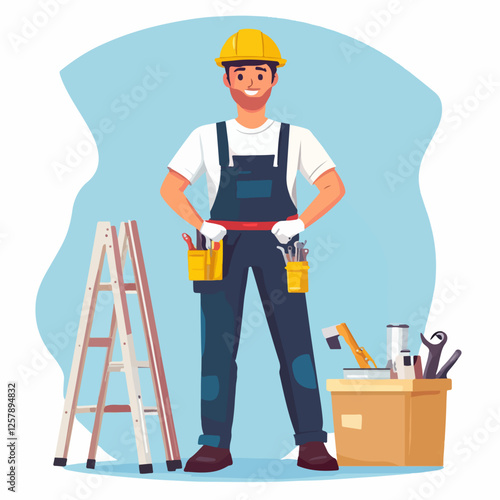 Illustration of a worker doing repairs in a house. Builder. Repairman.