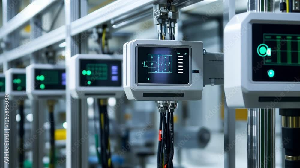 Automated production line monitoring system displaying real time data on digital screens, optimizing efficiency and control in a modern factory setting, showcasing advanced manufacturing technology Automated production line monitoring system displaying real time data on digital screens, optimizing efficiency and control in a modern factory setting, showcasing advanced manufacturing technology