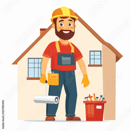 Illustration of a worker doing repairs in a house. Builder. Repairman.