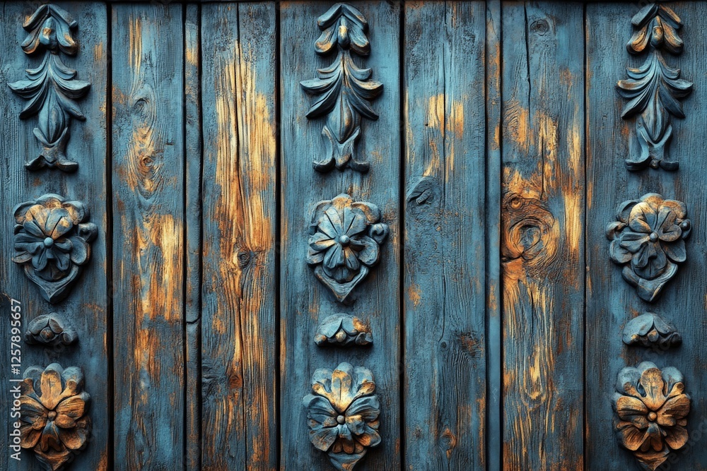 Detailed wooden wall showcasing intricate carvings and weathered textures in vibrant blue and natural tones Detailed wooden wall showcasing intricate carvings and weathered textures in vibrant blue and natural tones