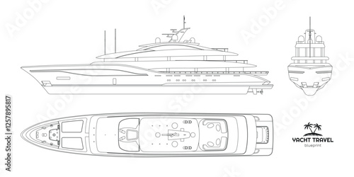 Outline yacht drawing. Side, front and top views of private ship. Luxury boat blueprint. Cruise motorboat industrial art. Line vessel