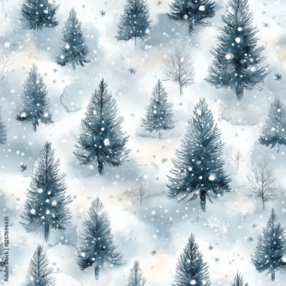 A soft watercolor pattern of snow-covered trees, tiny footprints in the snow, and twinkling stars. A soft watercolor pattern of snow-covered trees, tiny footprints in the snow, and twinkling stars.