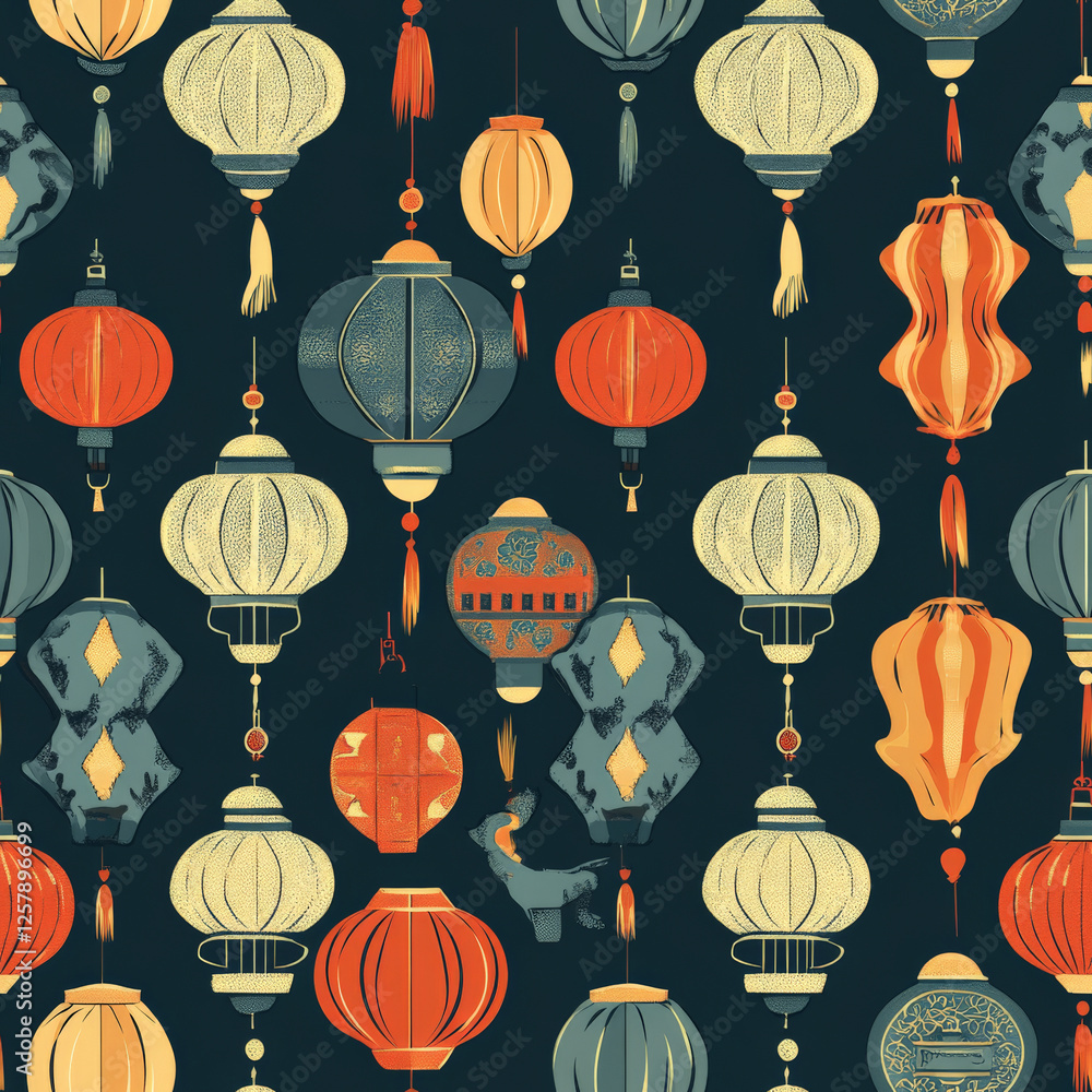 A seamless Chinese paper lantern pattern with various shapes and intricate designs A seamless Chinese paper lantern pattern with various shapes and intricate designs