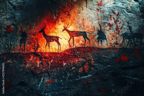 Ancient cave painting depicting deer walking under warm orange light in a historical site photo