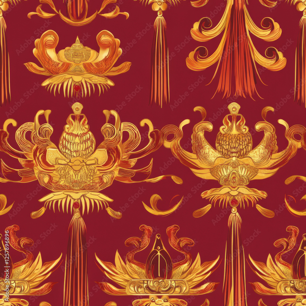 A Lunar New Year headdress pattern with elaborate golden phoenix crowns and silk tassels A Lunar New Year headdress pattern with elaborate golden phoenix crowns and silk tassels