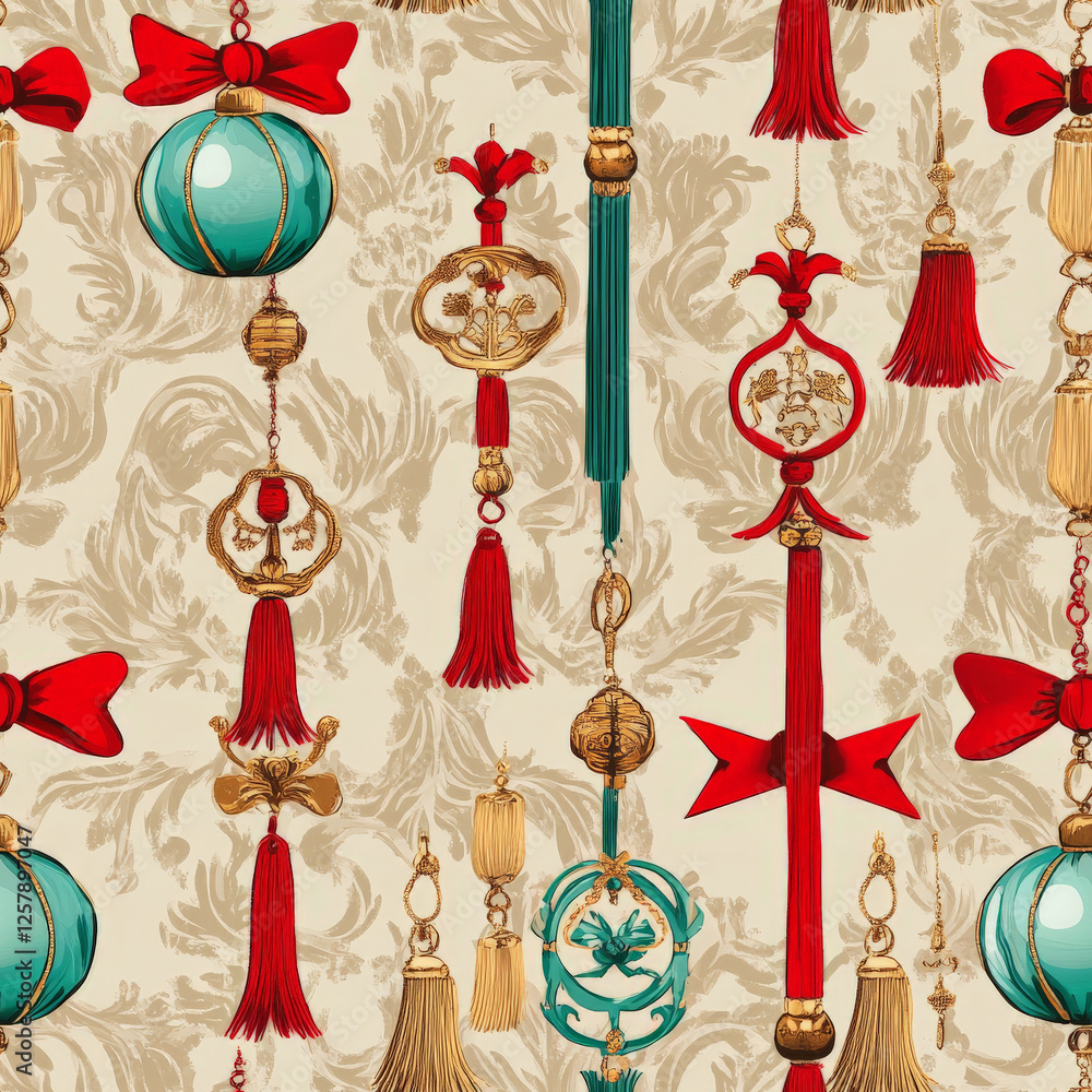 A lucky charm pattern featuring jade ornaments, red ribbons, and golden tassels A lucky charm pattern featuring jade ornaments, red ribbons, and golden tassels