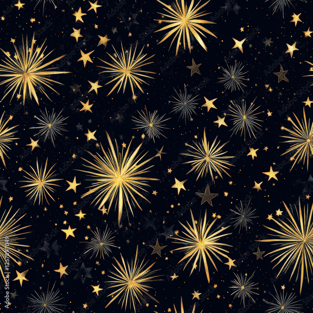 Naklejka premium A night sky pattern filled with golden fireworks and glowing stars