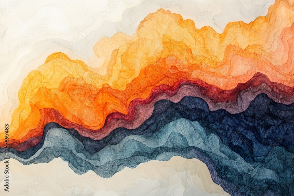 Vibrant abstract landscape blending warm and cool tones in a fluid, wavy composition Vibrant abstract landscape blending warm and cool tones in a fluid, wavy composition